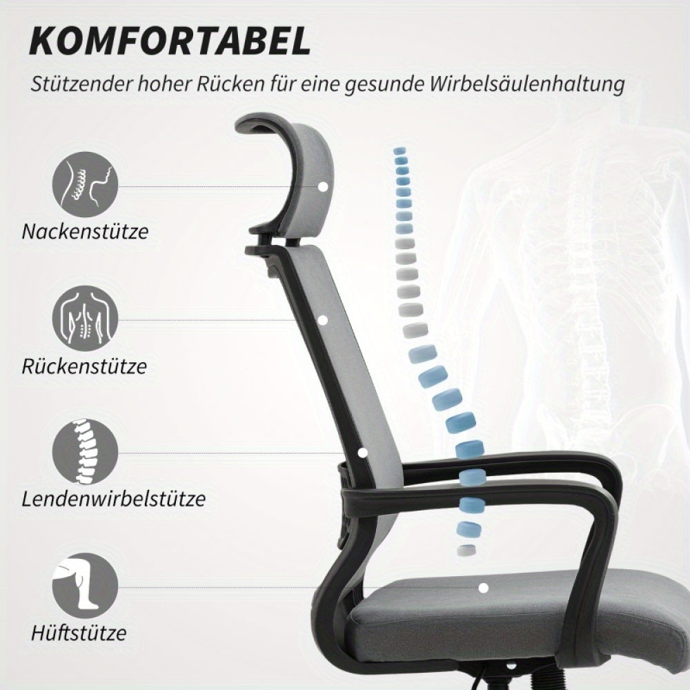 Ergonomische Bureaustoel – Bureaustoel – Kantoormeubilair – Bureaustoel Met Wielen – Werkstoel – Donkergrijs – Verstelbare Hoofdsteun & Armleuningen – 360° Draaibaar Met Kantelmechanisme