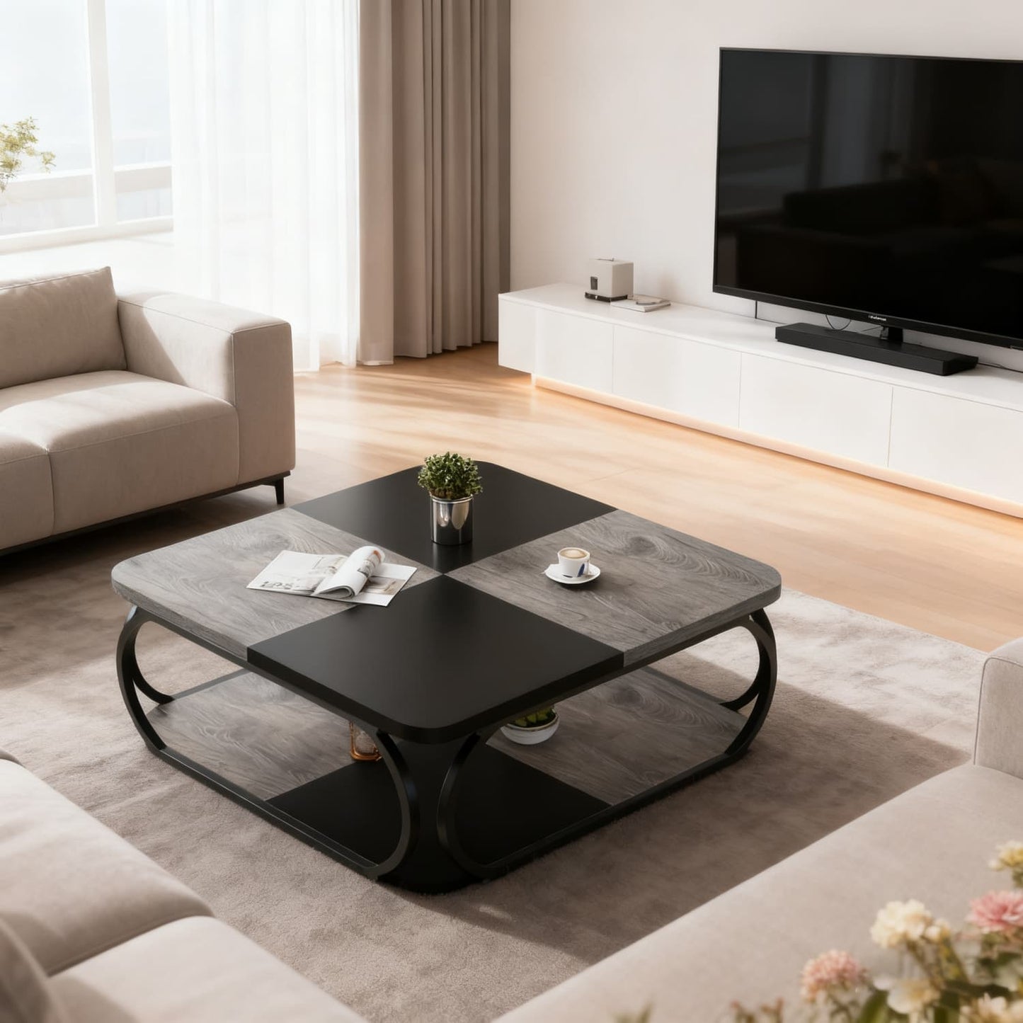 Salontafel – Koffietafel – Woonkamertafel – Bijzettafel – Theetafel – Vierkant – Met Open Plank – Stevig Metalen Frame – 99 cm – Rustiek Grijs Zwart