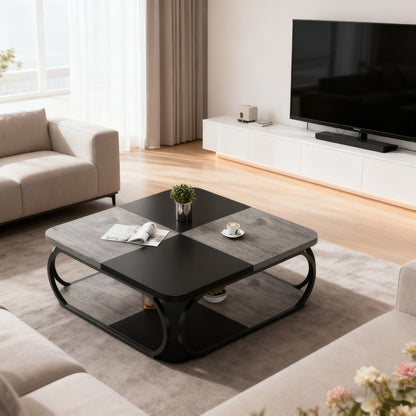 Salontafel – Koffietafel – Woonkamertafel – Bijzettafel – Theetafel – Vierkant – Met Open Plank – Stevig Metalen Frame – 99 cm – Rustiek Grijs Zwart