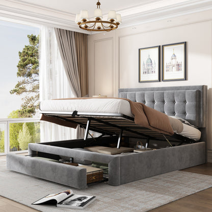 Padded Bed 140190 with Slatted Box Spring And Headboard Storage Bed Hydraulic Padded Double Bed with 2 Drawers Support for Gray Velvet Wood