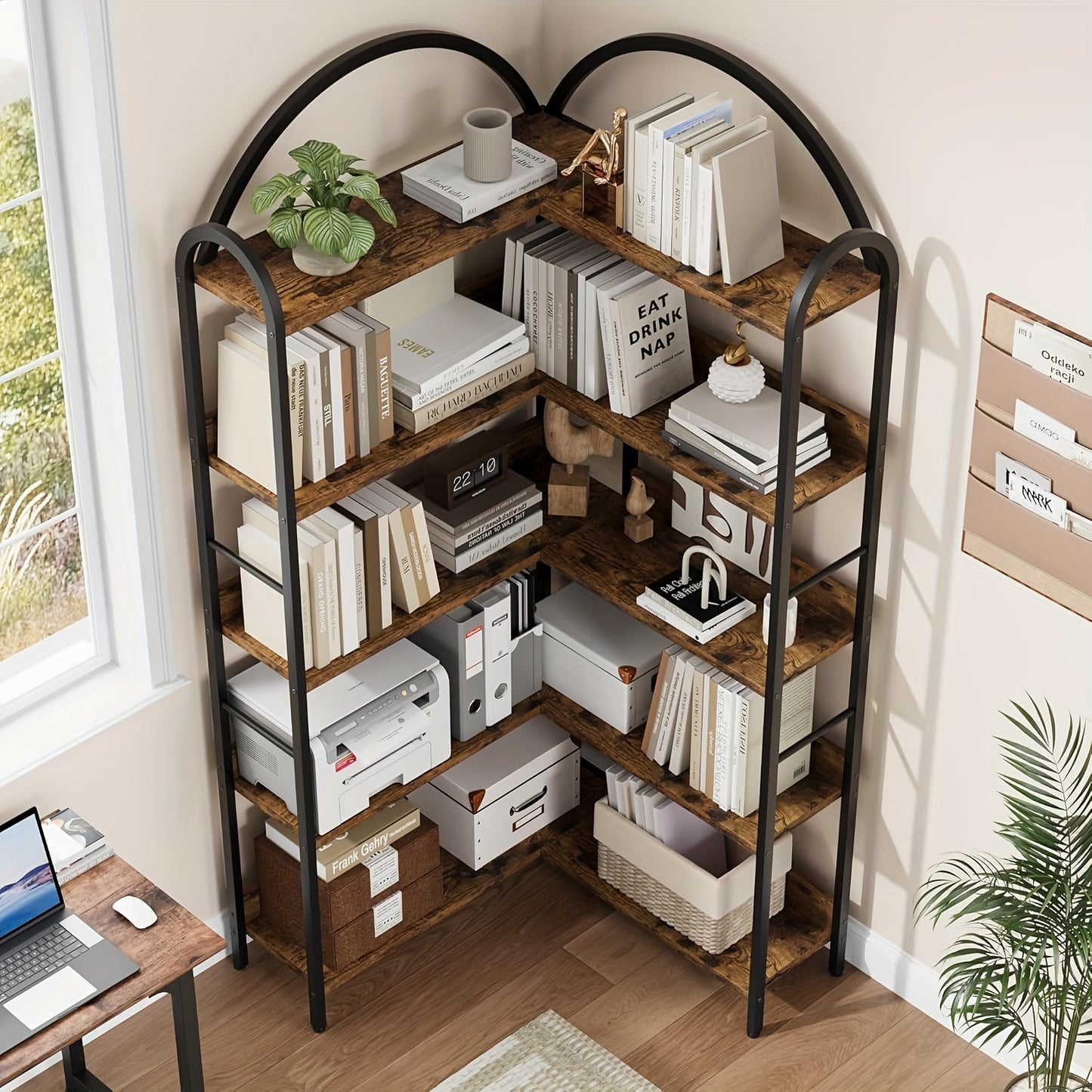 Hoekboekenkast – Hoekrek – Boekenplank – Opbergkast – Boekenkast – 173,99 cm Hoog – Verstelbare Planken – Stalen Frame – Industrieel Design – Zwart