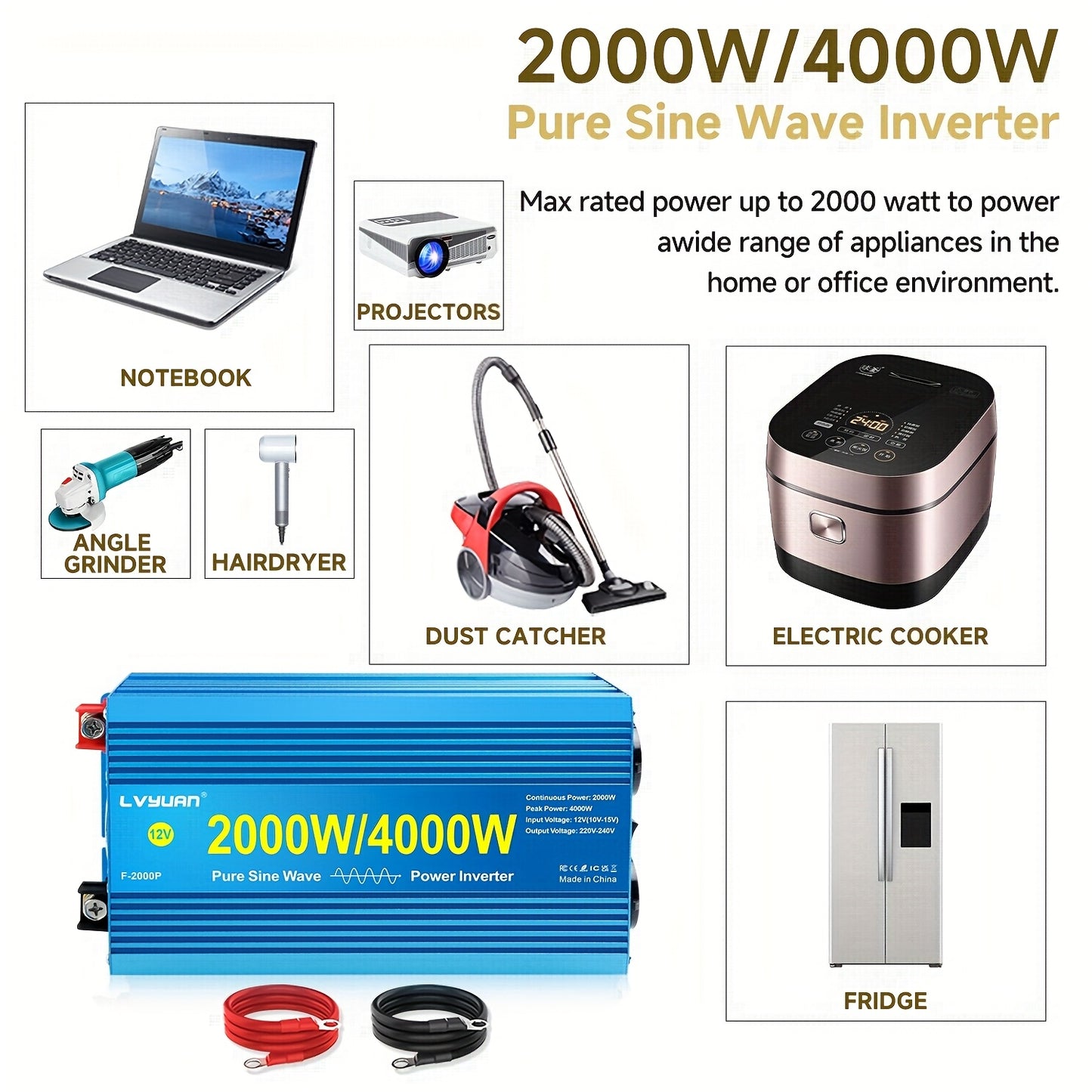 Pure Sine Wave Omvormer – Stroomomzetter – Car Inverter – 12V DC naar 220V AC – Mobiele Spanningsomvormer – 4000W Continu Vermogen – LCD Display