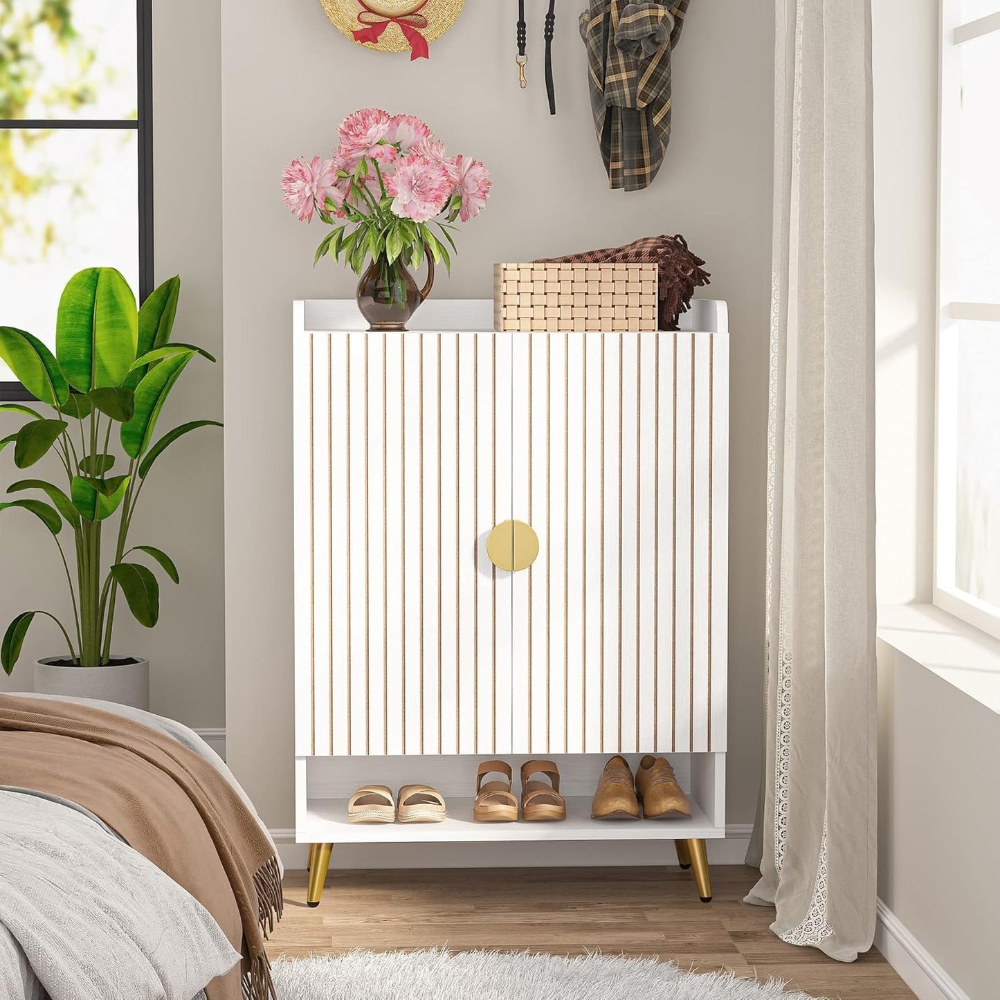 Schoenenkast – Schoenenrek – Schoenopberger – Schoenenkast – Schoenmeubel – 6-laags met Verstelbare Planken – Wit MDF met Gouden Accenten