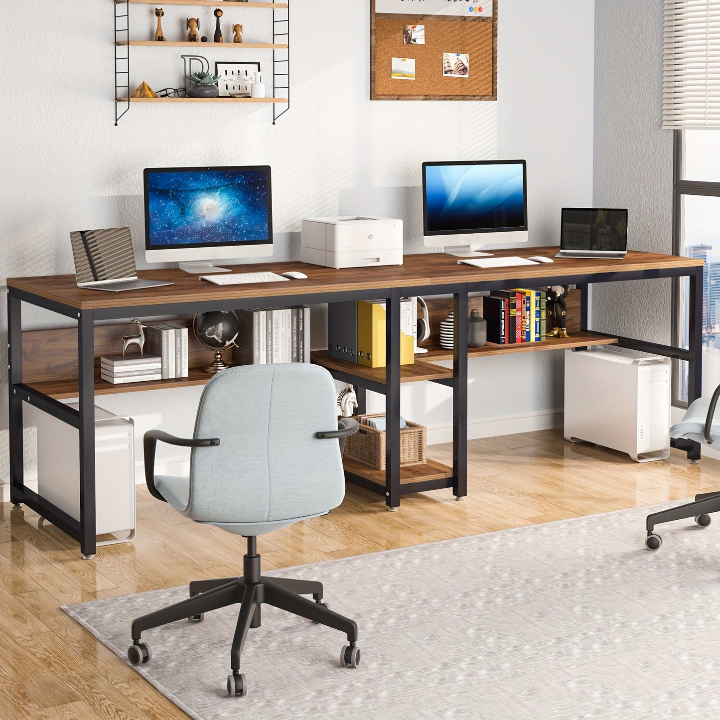 Bureau – Werkplek – Bureautafel – Computertafel – Dubbele Werkplek – Industrieel Design – 199,9 cm Breed – Met 4 Lades en Opbergruimte