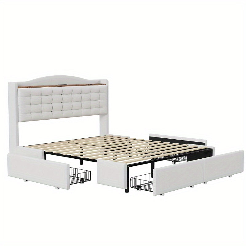 Tweepersoonsbed – Gestoffeerd Bed – Opbergbed – Slaapbed – Bedframe – 140x200 cm – Linnen Bekleding Beige – Inclusief Nachtkastje Met Laadfunctie
