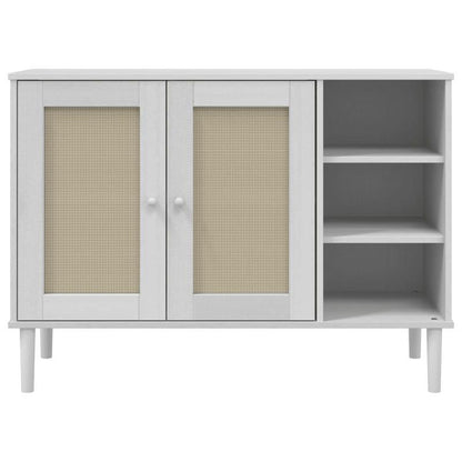 Modern Rattan Look Sideboard with Removable Shelves - Solid Pinewood, 3-Drawer & Open Shelf Design, Light Beige Finish for Living Room Organization, 112x40x80cm, Sideboard Cabinet, Minimalist Decor, Natural Wood Texture