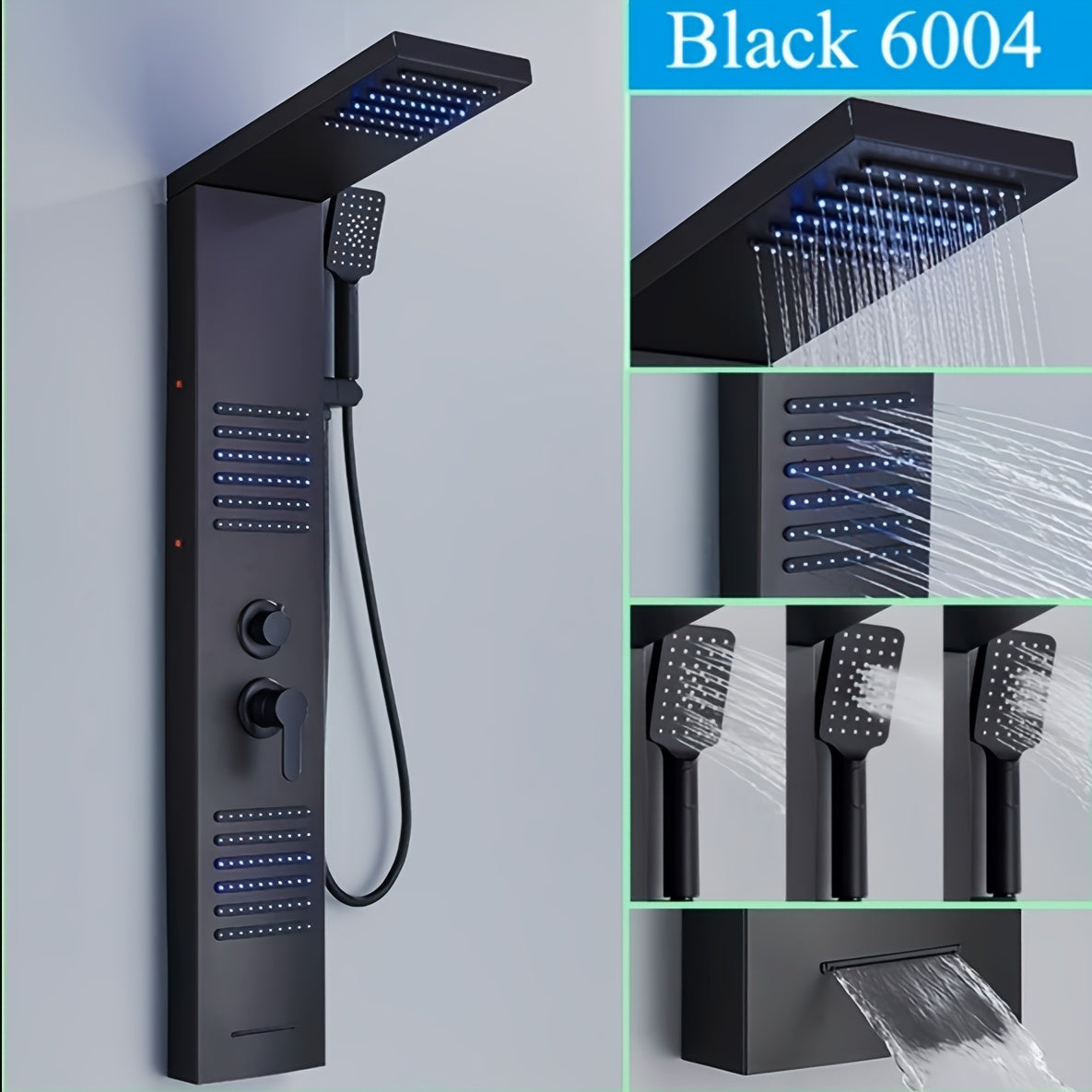 5-in-1 Stainless Steel Shower Panel Tower System with Rainfall Showerhead, Waterfall Spout, Handheld Shower & Tub Spout - High-Pressure Wall-Mounted Bath System, Matte Black Finish, Blue Backlit Controls, Easy Installation (N