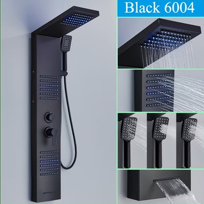 5-in-1 Stainless Steel Shower Panel Tower System with Rainfall Showerhead, Waterfall Spout, Handheld Shower & Tub Spout - High-Pressure Wall-Mounted Bath System, Matte Black Finish, Blue Backlit Controls, Easy Installation (N