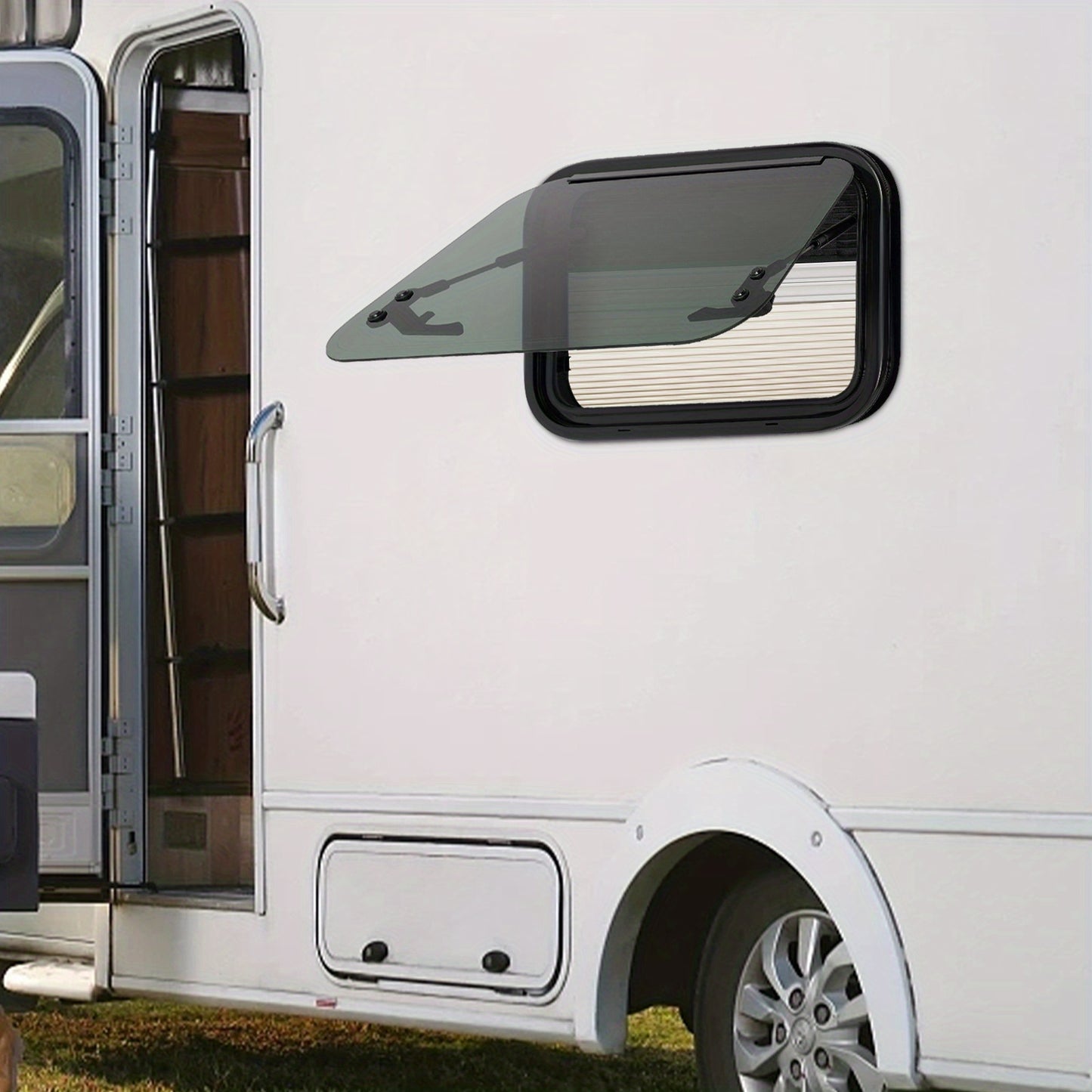 Caravanraam – Uitzetraam – Camperraam – Trailerraam – Ventilatieraam – Aluminiumlegering & gehard glas – Insectengaas en zonwering inbegrepen – 50x35 cm – Wit/Zwart