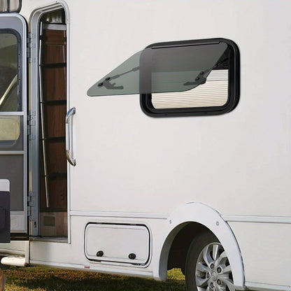 Caravanraam – Uitzetraam – Camperraam – Trailerraam – Ventilatieraam – Aluminiumlegering & gehard glas – Insectengaas en zonwering inbegrepen – 50x35 cm – Wit/Zwart