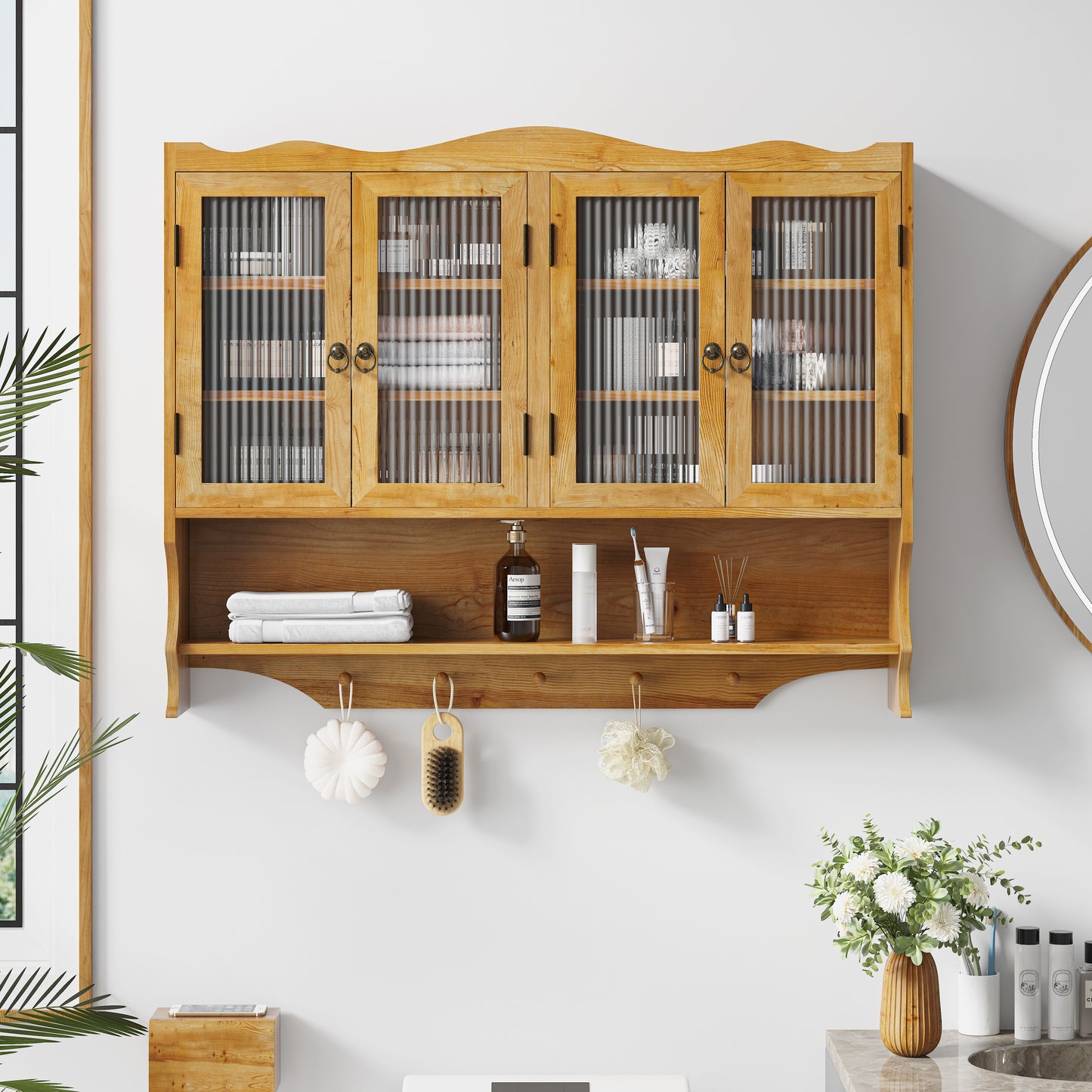 Wandkastje – Opbergkast – Muurkast – Houten Kast – Badkamerkast – 100 cm Breed – Massief Hout Met Glas – 4 Deuren – 2 Verstelbare Planken – Open Haakrek