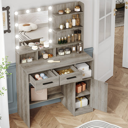 Dressing Table With Mirror And 10 LED Lights, Adjustable Brightness, Dressing Table With 2 Drawers & 1 Cabinet, 3 Shelves & 4 Open Compartments, White