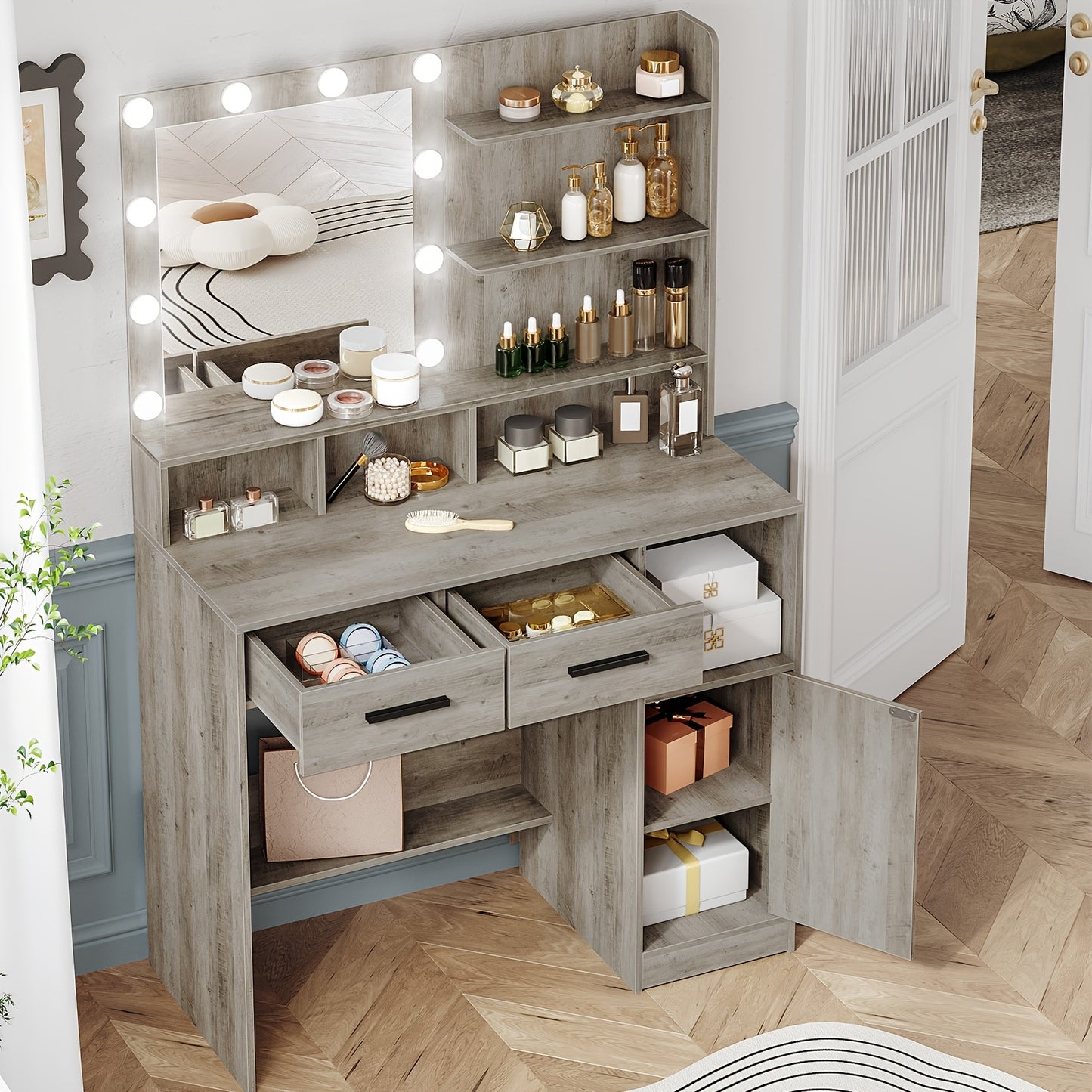 Dressing Table With Mirror And 10 LED Lights, Adjustable Brightness, Dressing Table With 2 Drawers & 1 Cabinet, 3 Shelves & 4 Open Compartments, White