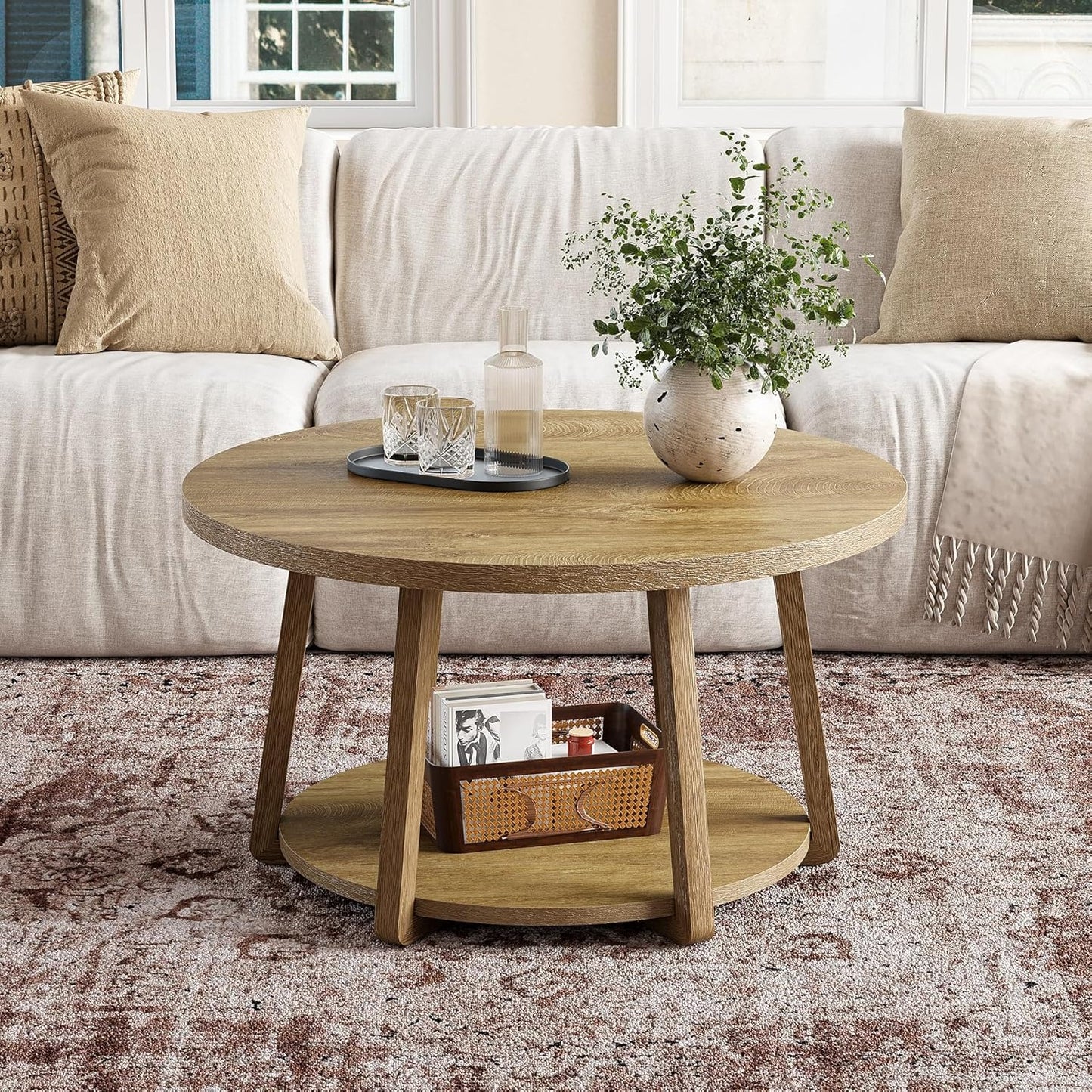 Modern Round Coffee Table with Storage Shelf - 31.5” Round (80cm) White Engineered Wood Top & Lower Shelf, Space-Saving MDF Base, Easy Assembly, Rounded Edges, 80 Weight Capacity - Contemporary Center Table for Living Room,