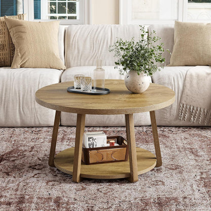 Modern Round Coffee Table with Storage Shelf - 31.5” Round (80cm) White Engineered Wood Top & Lower Shelf, Space-Saving MDF Base, Easy Assembly, Rounded Edges, 80 Weight Capacity - Contemporary Center Table for Living Room,
