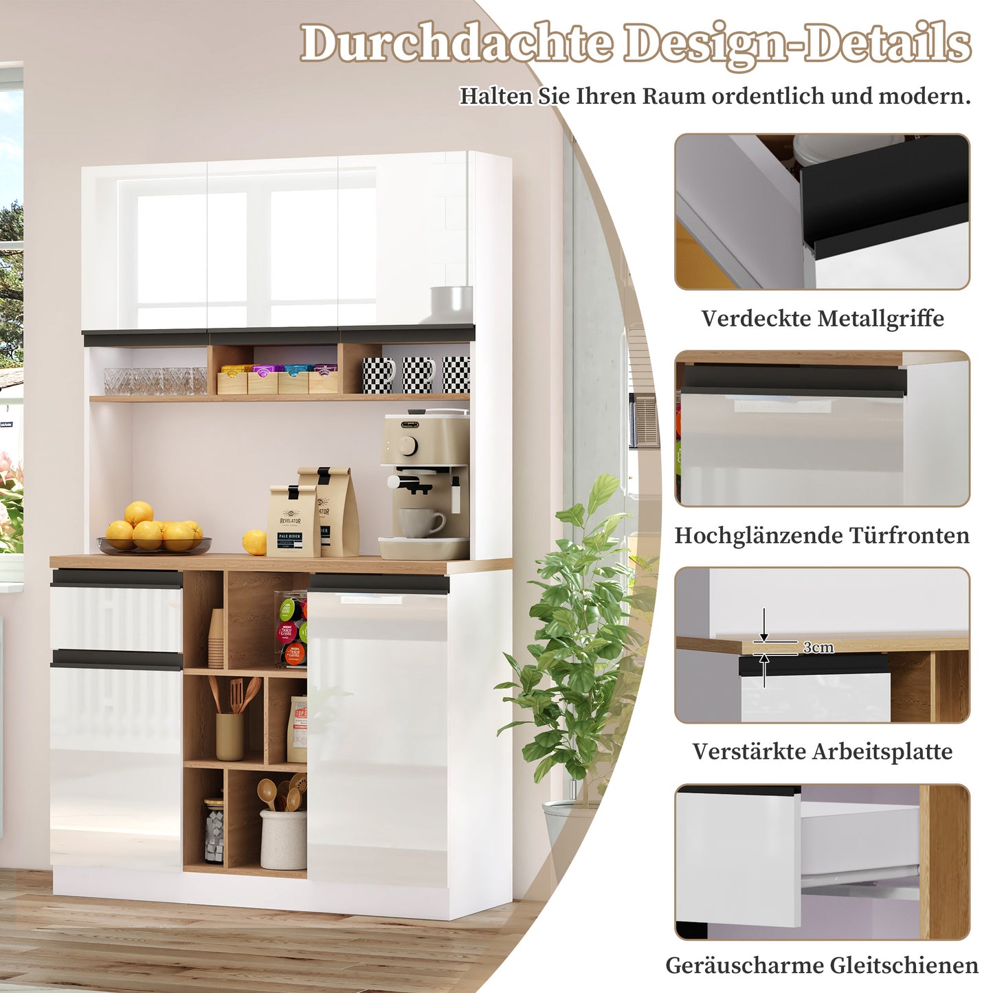 Buffetkast – Hoge Kast – Opbergkast – Dressoir – Keukenkast – Hoogglans Wit – Zwarte Metalen Handgrepen – 185 cm Hoog – Verstelbare Planken & Anti-Kantelbeveiliging