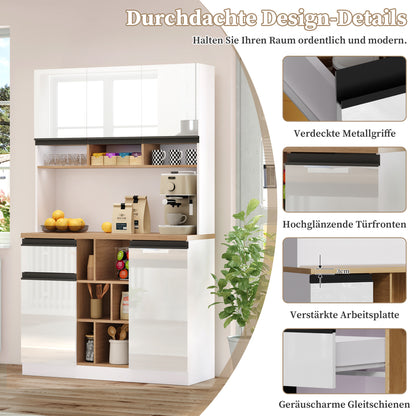 Buffetkast – Hoge Kast – Opbergkast – Dressoir – Keukenkast – Hoogglans Wit – Zwarte Metalen Handgrepen – 185 cm Hoog – Verstelbare Planken & Anti-Kantelbeveiliging