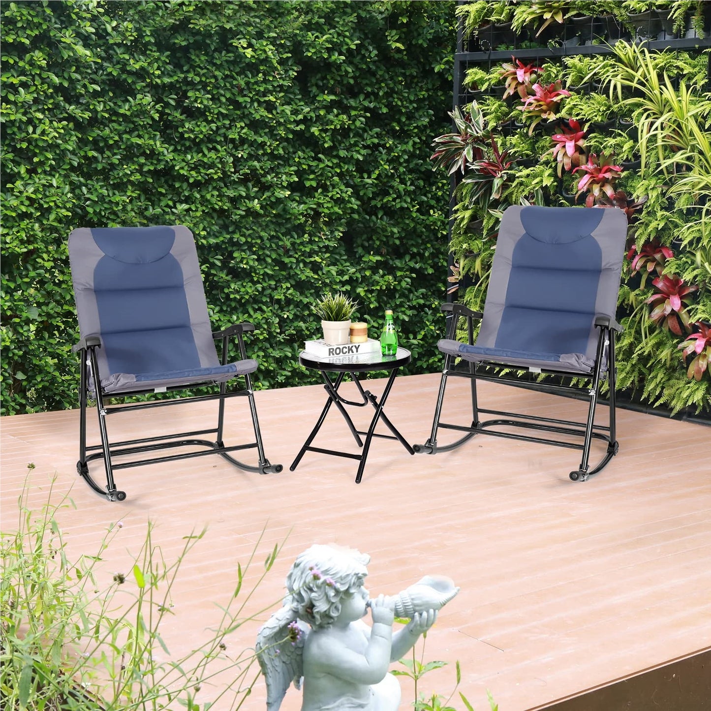 Tuinstoel – Schommelstoel – Loungestoel – Bistrostoel – Relaxstoel – 3-delige Set – Inklapbaar – Stalen Frame – Blauw