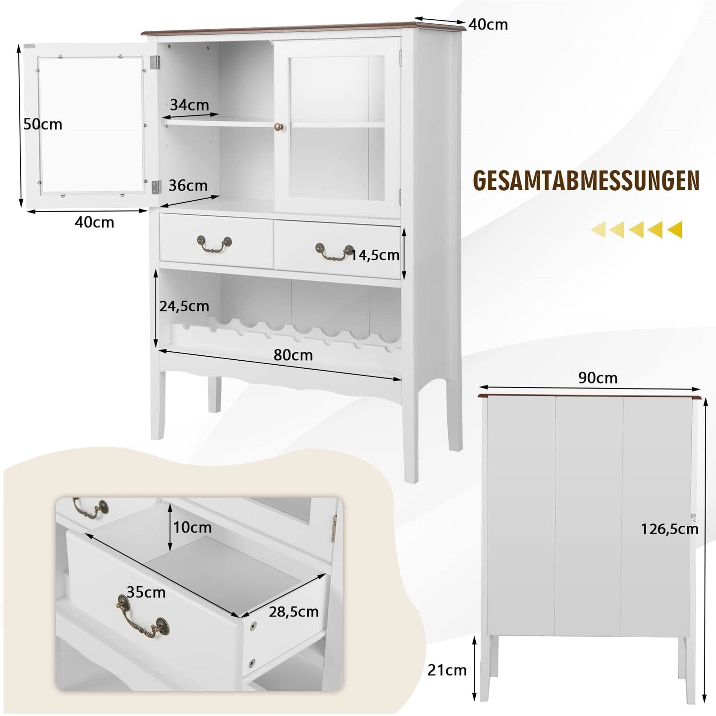 Dressoir – Buffetkast – Keukenkast – Opbergkast – Ladekast – Wijnrek – Massief Grenenhout – Kantelbeveiliging – Wit – 90x40x127 cm