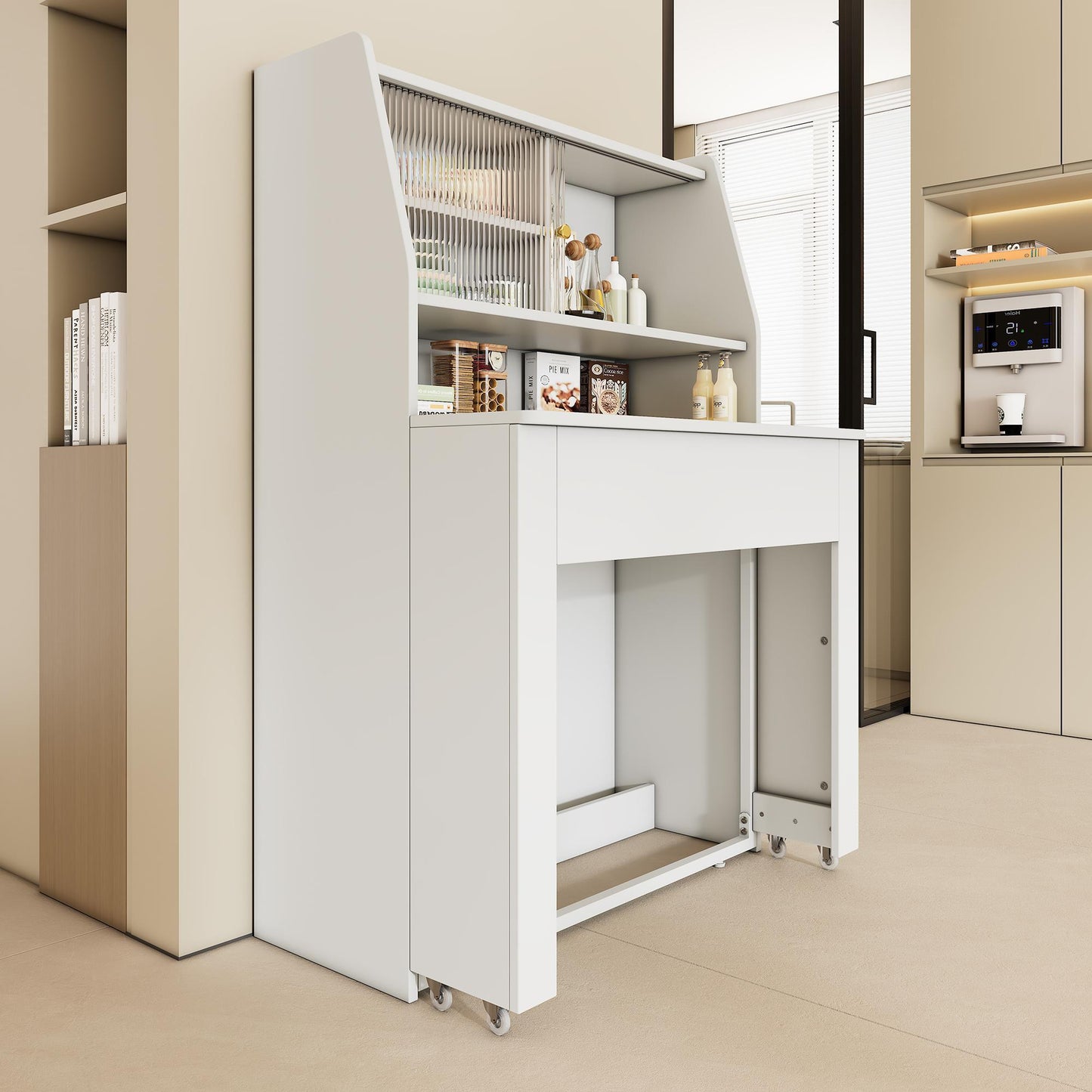Uitschuifbare Eettafel – Verstelbare Tafel – Uitklapbare Tafel – Opbergtafel – Multifunctionele Eettafel – Wit Spaanplaat – Lengte 52-132,5 cm – Met Opbergruimte