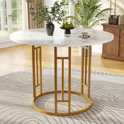 Ronde Eettafel – Rond Tafeltje – Keukentafel – Salontafel – Eetkamertafel – MDF Marmerlook Blad – Metalen Onderstel – Ø80x76cm – Voor 4 Personen