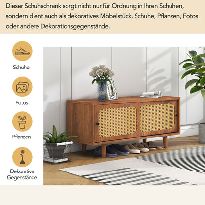 Rattan Shoe Cabinet with 2 Doors, Adjustable Shelf, Walnut Finish, Stylish Shoe Storage for Hallway, Living Room, and Bedroom, 104*40*48 cm