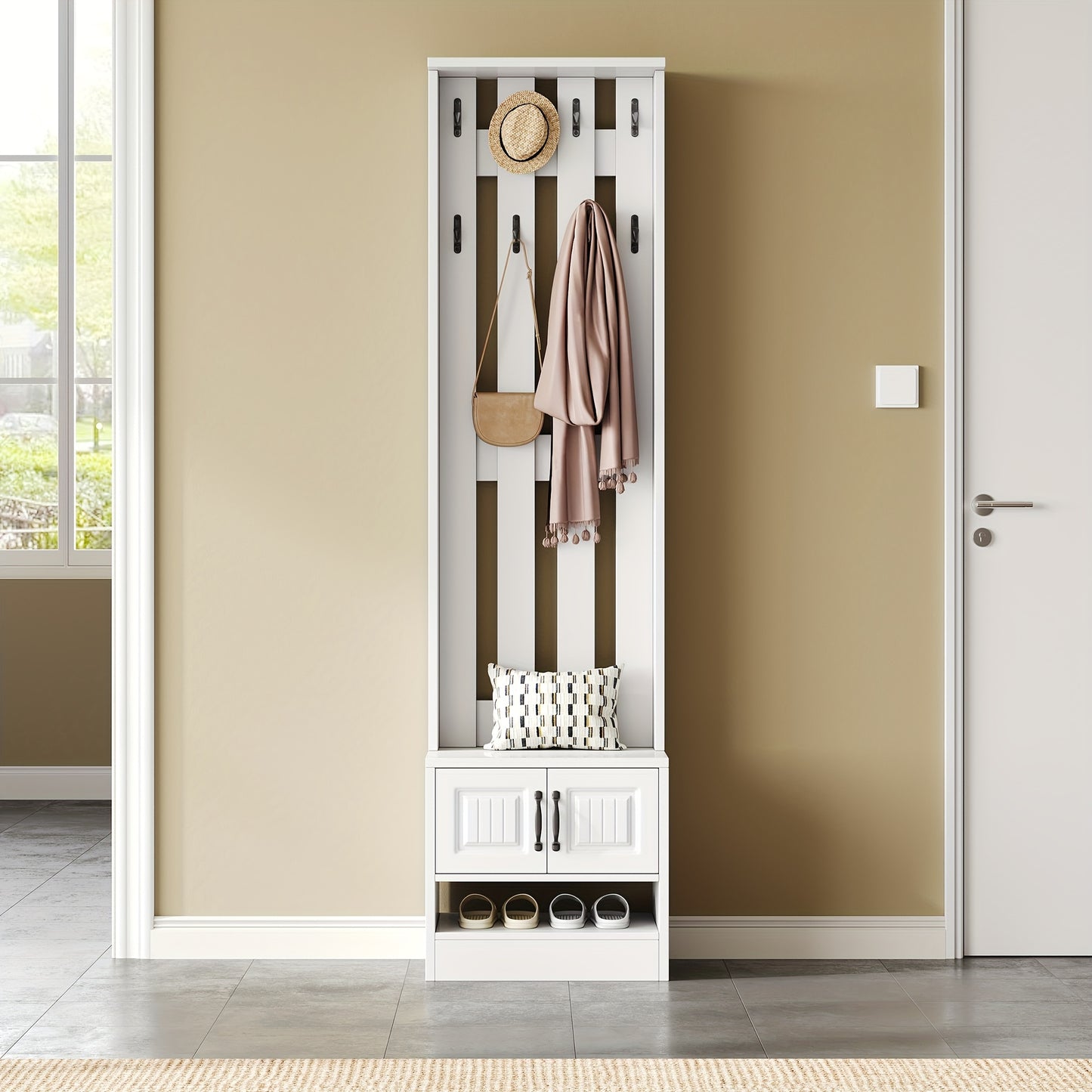 Kapstok – Staande Kapstok – Garderoberek – Schoenenbank – Schoenkast – Wit – 8 Haken – Vrijstaand 190 cm Hoog