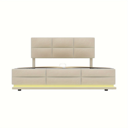 Bedframe – Bed – Bedbodem – Platformbed – Opbergbed – Beige – 140x200 cm – Hydraulisch Systeem – Zachte Huidvriendelijke Stof