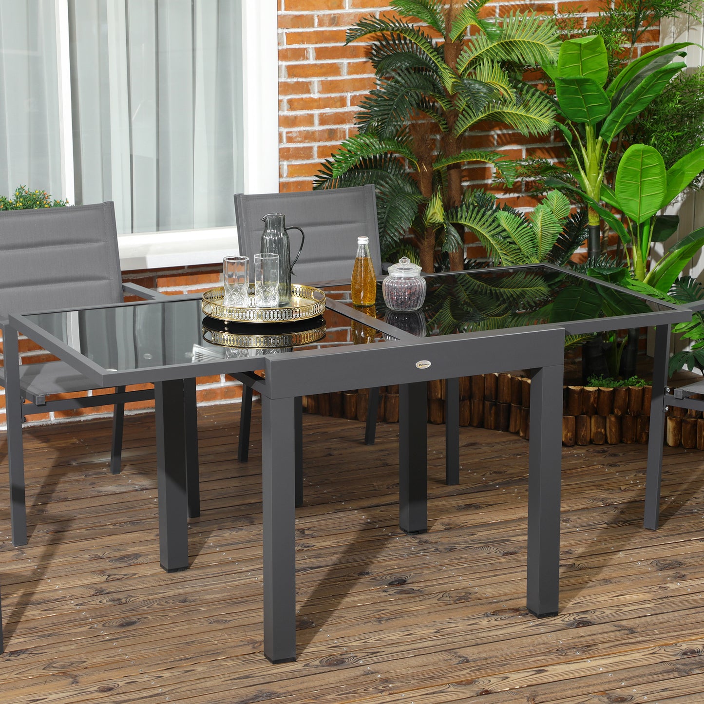 Uitbreidbare Tuin Tafel – Uitschuifbare Buiten Tafel – Terras Tafel – Eettafel – Verstelbare Tuinmeubel – Aluminium Metaal Epoxy Donkergrijs – Tempered Glass Zwart Blad – Groot Formaat 160x80x75 cm