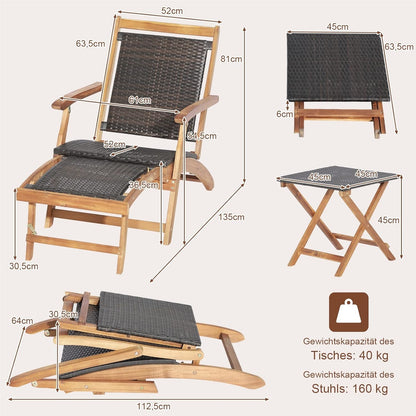 Rattan Ligstoel – Tuinstoel – Ligbed – Strandstoel – Balkonstoel – Uittrekbare Voetensteun – Inklapbaar Met Bijzettafel – Max 160 Kg Belastbaar – Weerbestendig PE-Rattan Bruin
