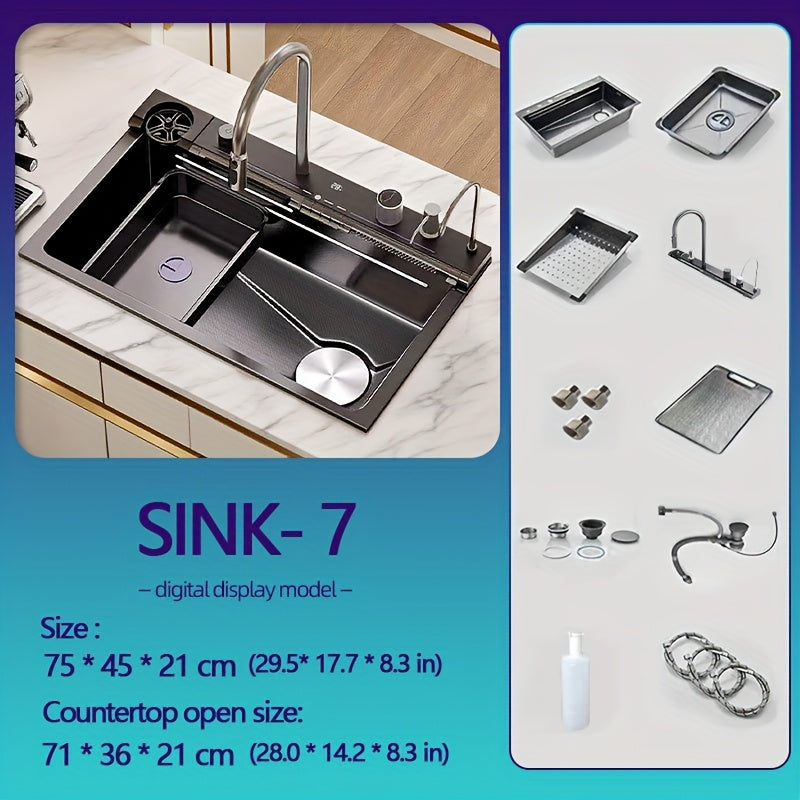 Keukenspoelbak – Spoelbak – Gootsteen – Wasbak – Spoelbakken – Roestvrij Staal – 75x45 cm – Undermount – Watervalkraan – Uittrekbare Sproeikop – Slimme Display – Bekerhouder – Compleet Accessoireset