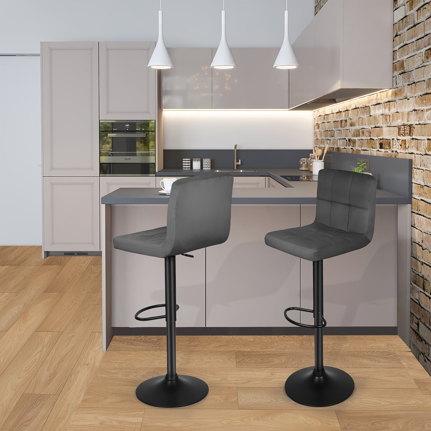 2pcs Heavy-duty Velvet Bar Stools With Footrest, Adjustable Swivel Chairs For 90cm Counters