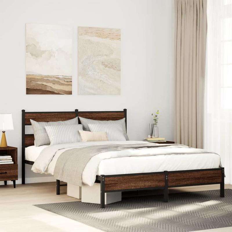 Modern Brown Oak Bed Frame - 140x200cm Chipboard Design, Removable & Practical, All-Season Use, Easy Assembly, No Mattress Included, Contemporary Style for Bedroom Furniture, Bedroom Furniture, Minimalist Bedroom, Natural Woo