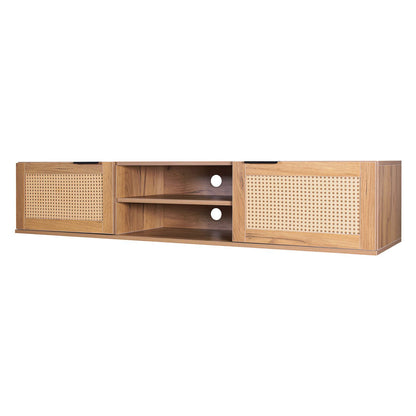 Wandmeubel TV – Tv-kast Wandbeugel – Zwevend Tv-meubel – Wandplank Media – Rattan Details – 150x40x30 cm – MDF en Melamine