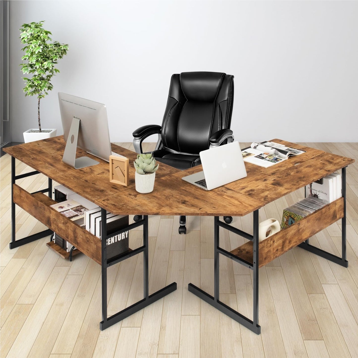 L-Vormige Bureau – Hoekbureau – Computertafel – Werkplek – Bureautafel – Houten Frame – Kantelbaar Blad – 170 x 150 x 75 cm – Bruin