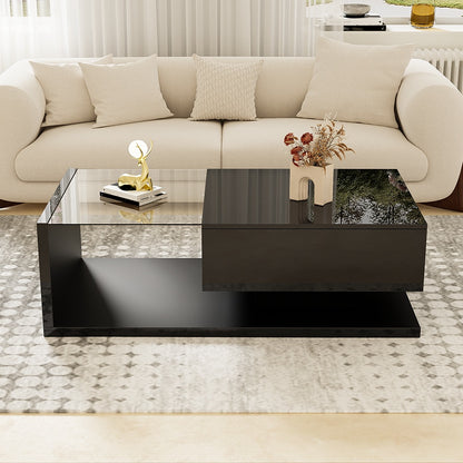 Salontafel – Koffietafel – Bijzettafel – Woonkamertafel – Opbergtafel – Hoogglans Zwart Glas – Gehard Glas Met Lade
