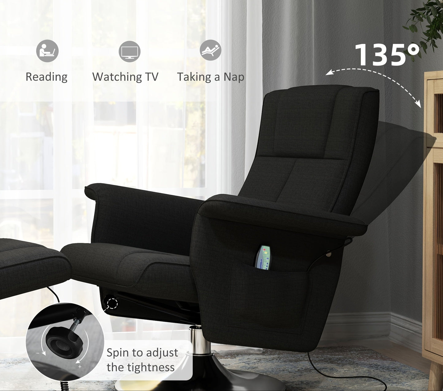 Lounge Chair – Relaxfauteuil – Draaifauteuil – Accentstoel – Fauteuil Zwart – Duurzaam Bamboe Frame – Handmatige Verstelling Met Voetensteun