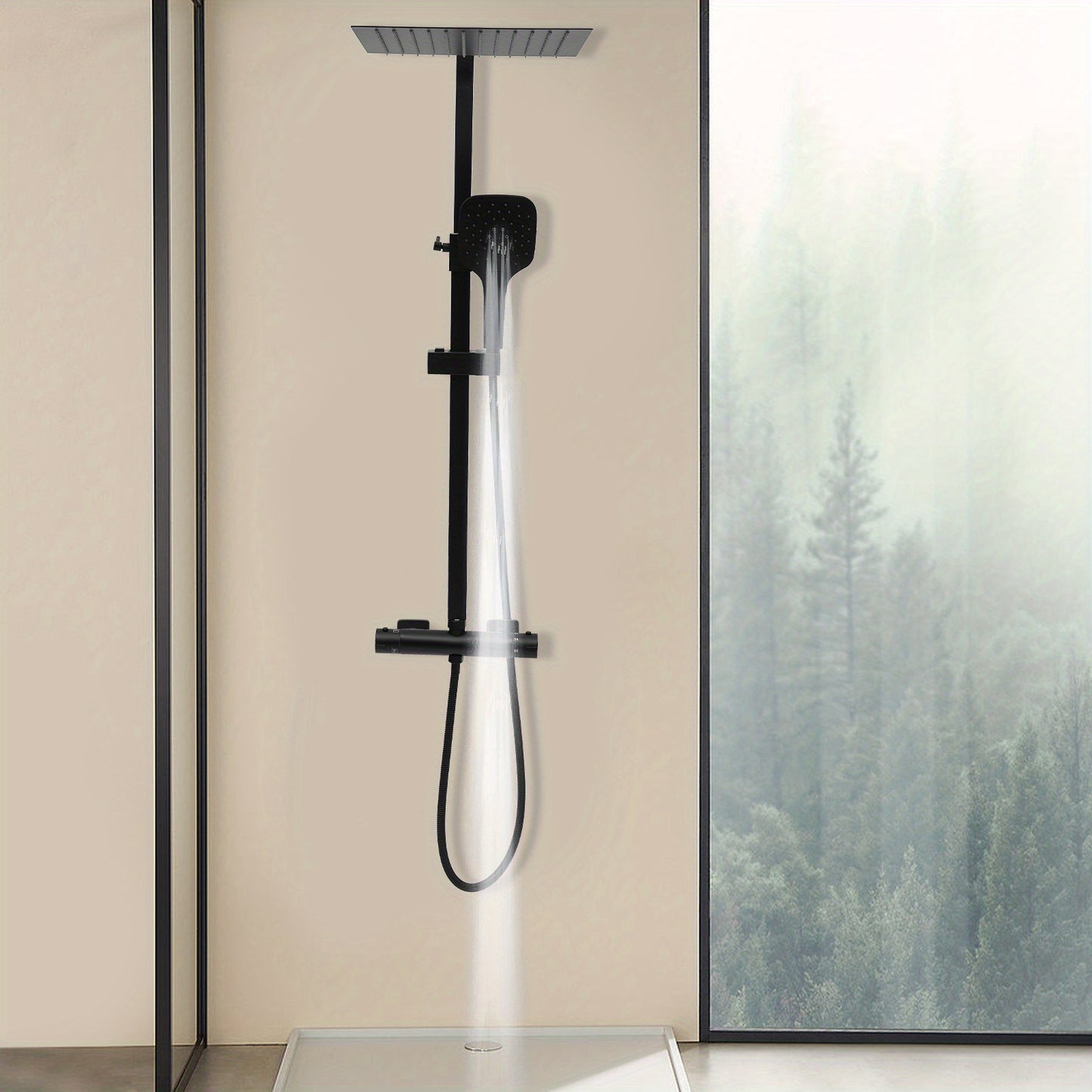 TOOL1SHOOO Black Shower System 3-Mode Handheld Shower Head 360° Rotatable Overhead Shower Head Thermostatic Control Adjustable Track Height Spring Hose 149.35 cm Modern Bathroom