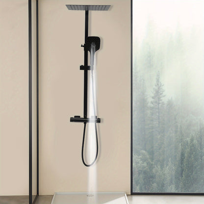 TOOL1SHOOO Black Shower System 3-Mode Handheld Shower Head 360° Rotatable Overhead Shower Head Thermostatic Control Adjustable Track Height Spring Hose 149.35 cm Modern Bathroom