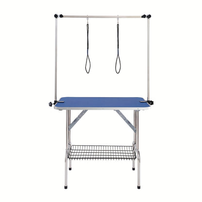 Opvouwbare Trimbank Honden – Trimmtafel – Grooming Tafel – Verzorgingstafel – Honden Tafel – Dubbele Verstelbare Armen – Robuust Metalen Frame – 116x46 cm – Opbergrek – Roestvrij Stalen Oppervlak