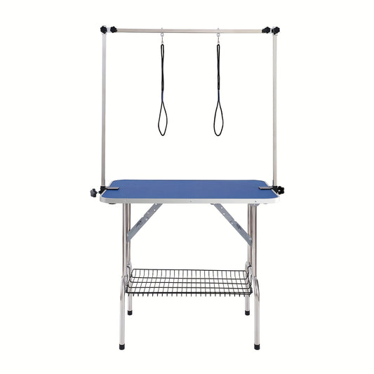 Opvouwbare Trimbank Honden – Trimmtafel – Grooming Tafel – Verzorgingstafel – Honden Tafel – Dubbele Verstelbare Armen – Robuust Metalen Frame – 116x46 cm – Opbergrek – Roestvrij Stalen Oppervlak