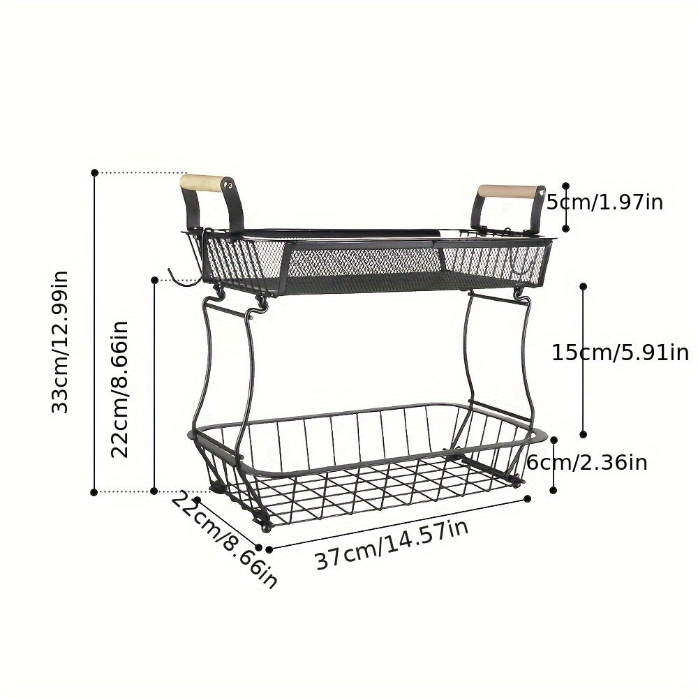 2-Laags Opbergmand – Opbergbox – Organizer – Decoratieve Mand – Keukenmand – Carbonstaal Met Houten Handvatten – Compact En Duurzaam – 37x22x33 cm
