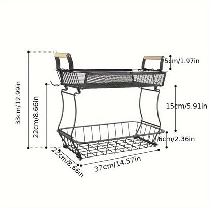 2-Laags Opbergmand – Opbergbox – Organizer – Decoratieve Mand – Keukenmand – Carbonstaal Met Houten Handvatten – Compact En Duurzaam – 37x22x33 cm