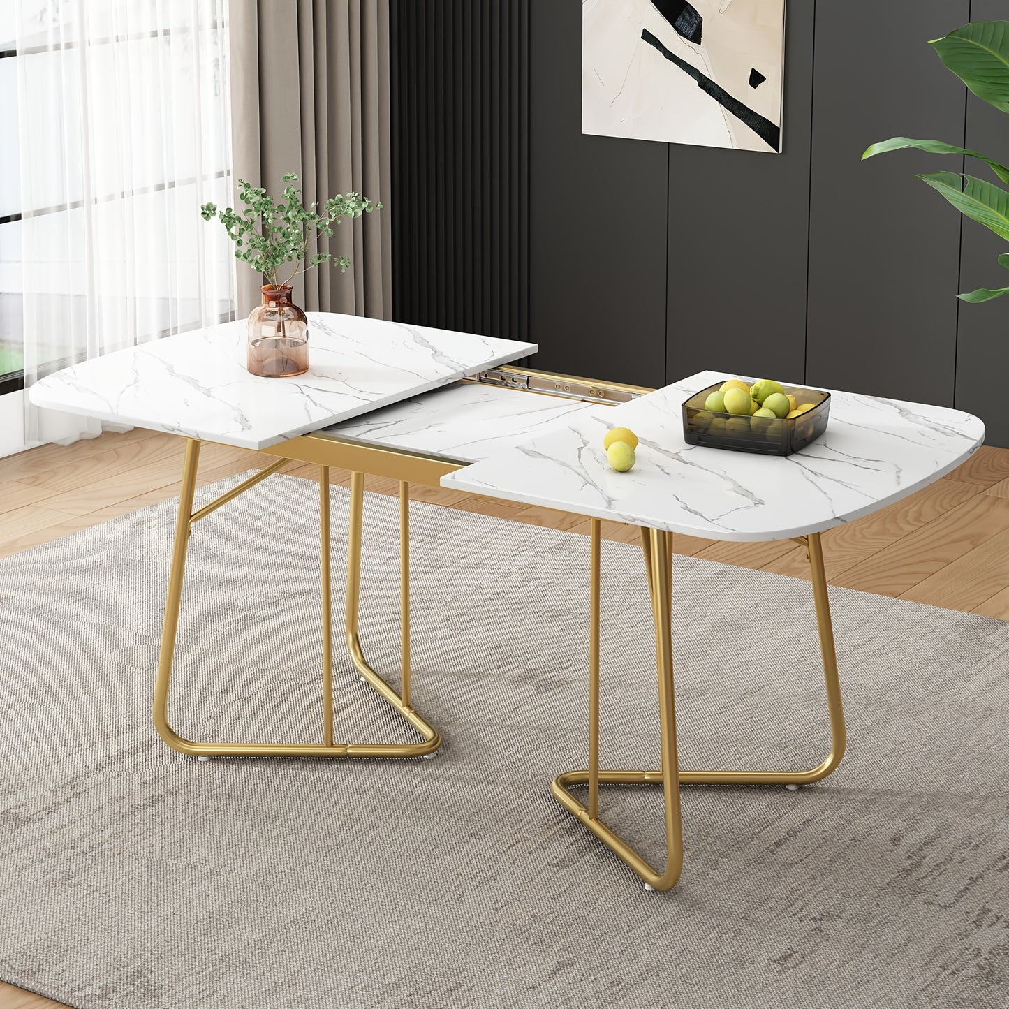 Uitklapbare Eettafel – Uitschuifbare Tafel – Inklapbare Eettafel – Klaptafel – Verlengbare Eettafel – Wit Marmerlook – Goudkleurige Metalen Poot – Geschikt Voor 4-6 Personen