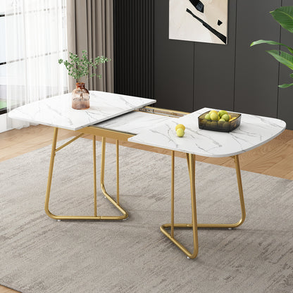 Uitklapbare Eettafel – Uitschuifbare Tafel – Inklapbare Eettafel – Klaptafel – Verlengbare Eettafel – Wit Marmerlook – Goudkleurige Metalen Poot – Geschikt Voor 4-6 Personen