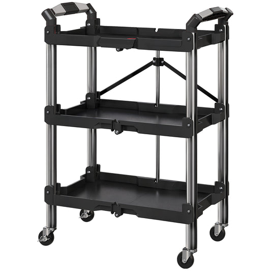 Gereedschapswagen – Werkplaatswagen – Trolley – Gereedschapstrolley – Opvouwbare kar – 3 Lagen Opbergruimte – Duurzaam Kunststof en Staal – Zwart