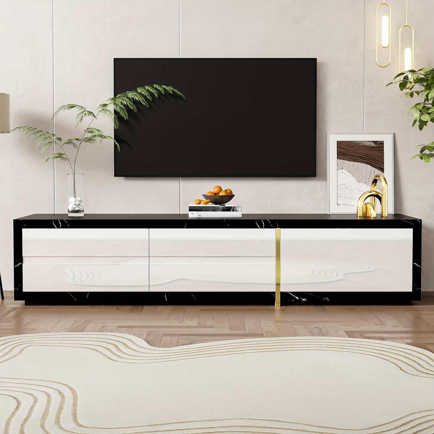 Modern TV Stand with Swivel Doors & Variable Length - Black Marble Look & Golden Accent White High-Gloss Matte Finish, Metal Construction, Space-Saving Design with Storage Shelves, No Electrical Required, Easy Assembly for La