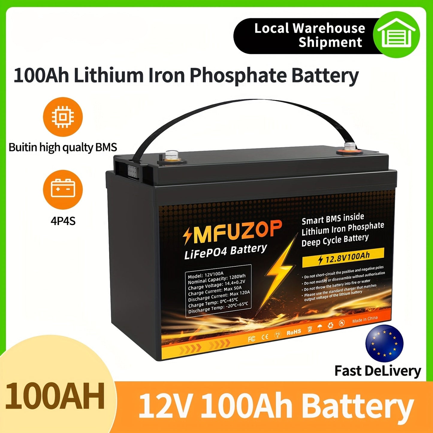 12V 100Ah LiFePO4 Accu – Lithium Batterij – Camping Accu – Bootaccu – Golfkar Accu – Onderhoudsvrij – Snel Opladen