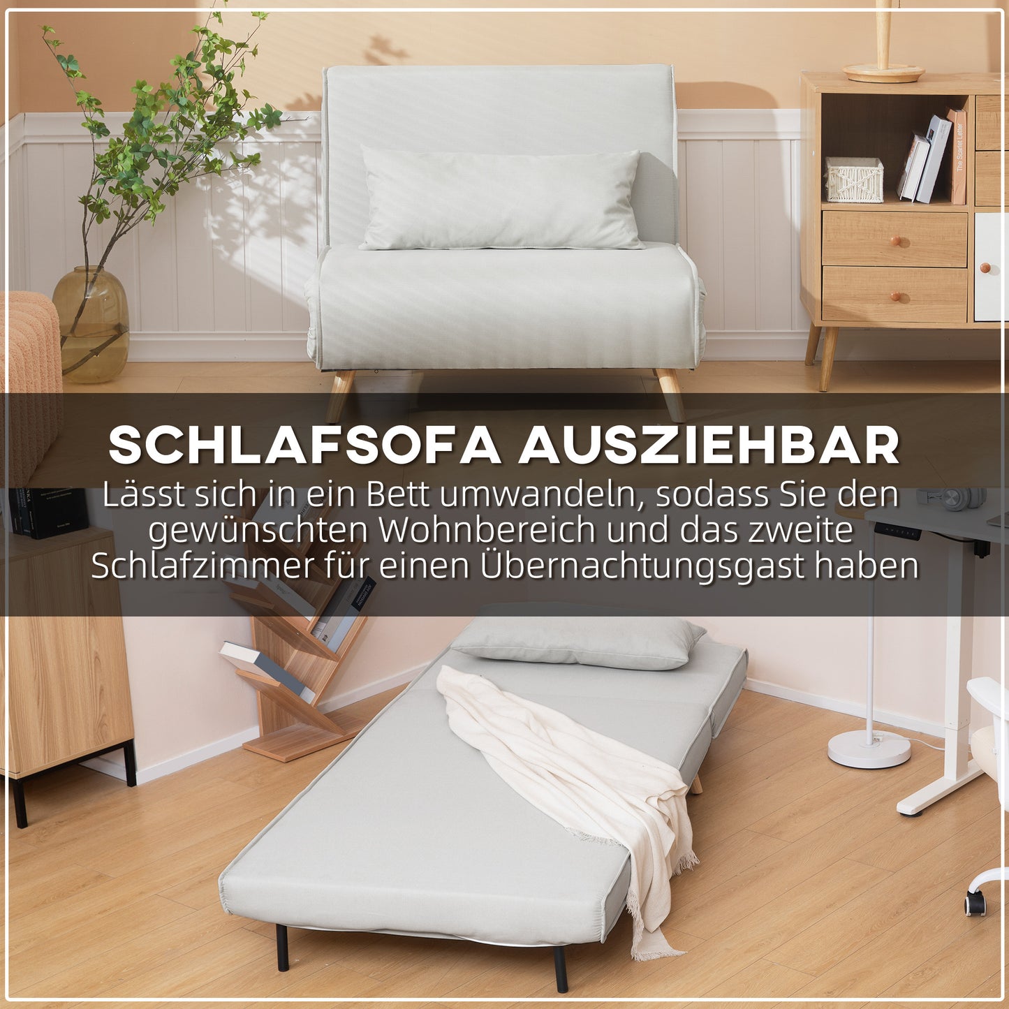 Slaapbank – 2-in-1 Slaapstoel – Bedbank – Loungestoel – Fauteuil – Verstelbare Rugleuning – Compact Formaat 94x78x80 cm – Scandinavisch Design Creme
