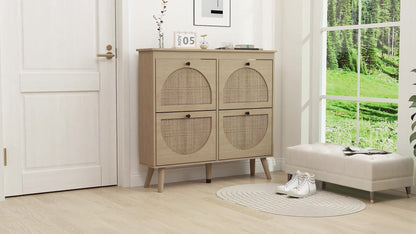 Schoenenkast – Schoenenrek – Schoenopberger – Schoenmeubel – Schoenentoren – Bohemian Stijl – 4 Compartimenten Voor 20 Paar Schoenen – Verstelbare Planken – Naturel Hout